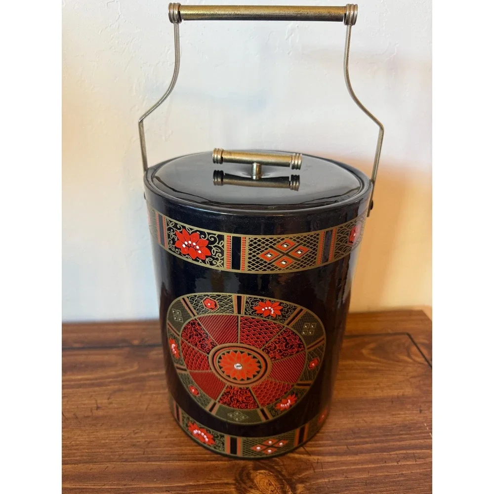 Vintage Chinoiserie Ice Bucket Faux Bamboo Handle Red and Black Intricate Design